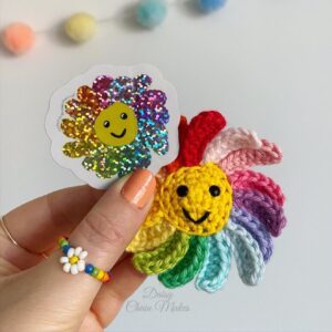 Daisy sticker and crochet daisy bundle - rainbow daisy - crochet daisy - daisy sticker